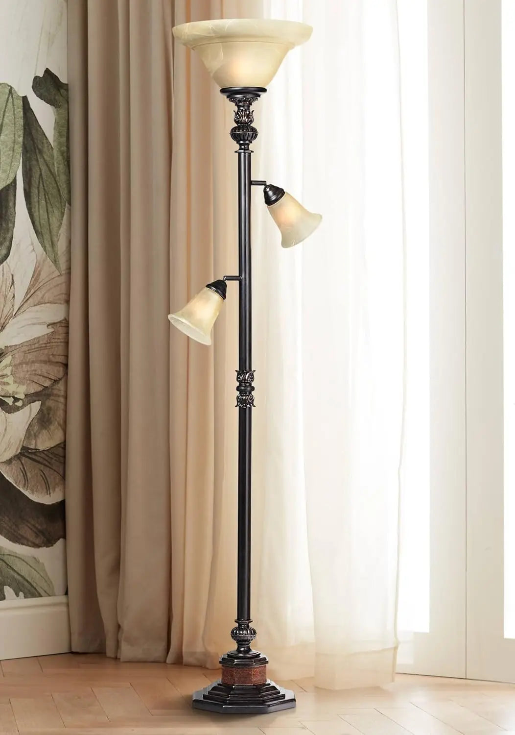 Kathy Ireland Sonnett Industrial Vintage Tree Torchiere Floor Lamp Standing 72"" Tall Bronze Brown Champagne Alabaster Glass