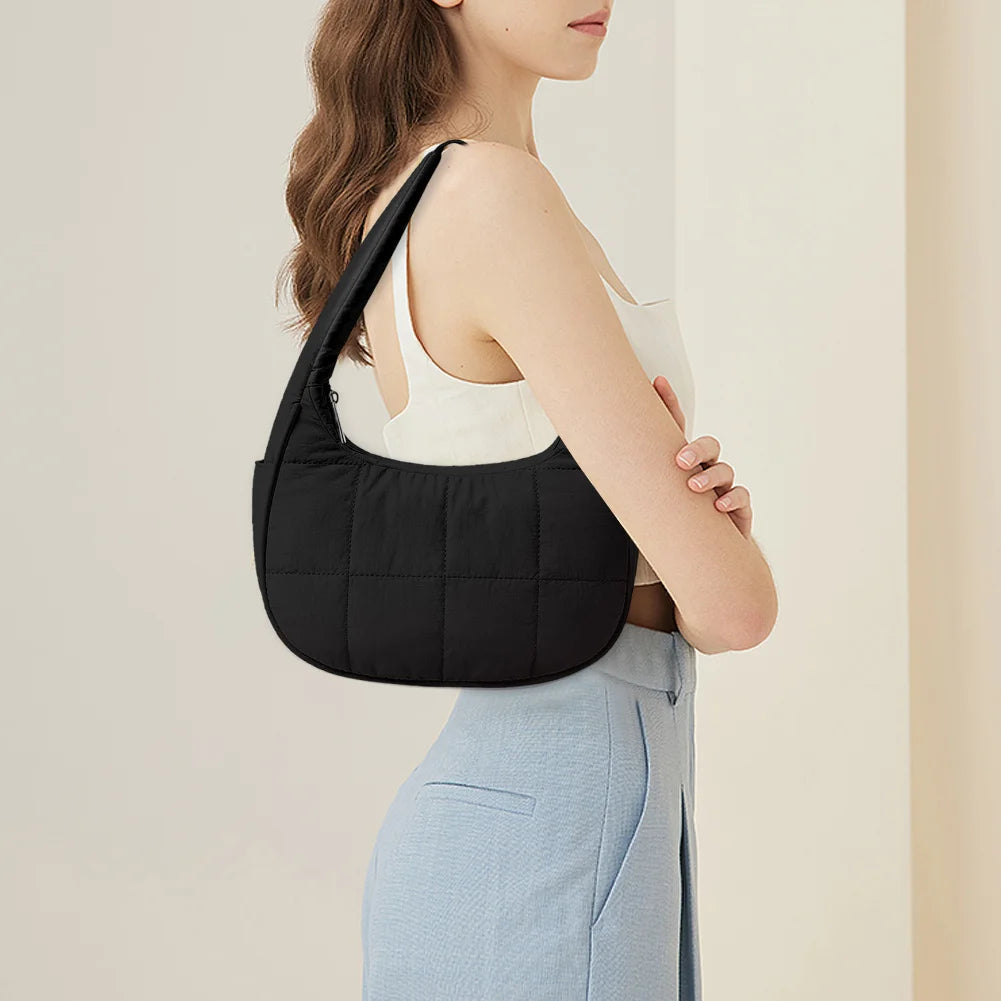 Puffer Crescent Bag for Women Adjustable Strap Shoulder Bag Nylon with Zipper Shoulder Purse Hobo Bag for Work Travel