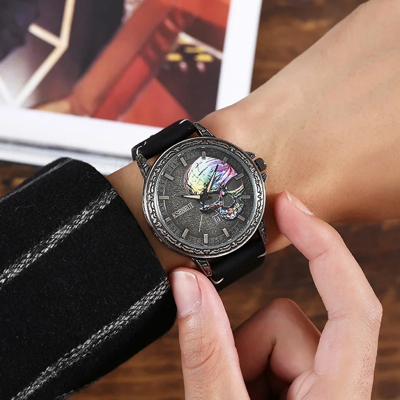 UTHAI BK149 Antique Bronze Colorful Skull Head Retro Men's Watch Casual Fashion Cool Calendar Waterproof Quartz Watch