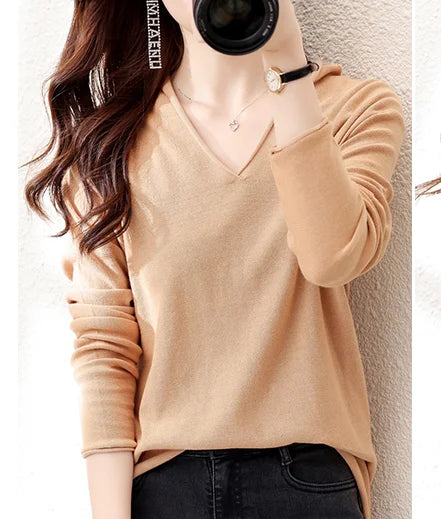 Women Curled V-Neck Pullover With Hat 100% Cotton Sweater Autumn Winter Knit Clothing Soft Bottoming Long Sleeve Solid Tops