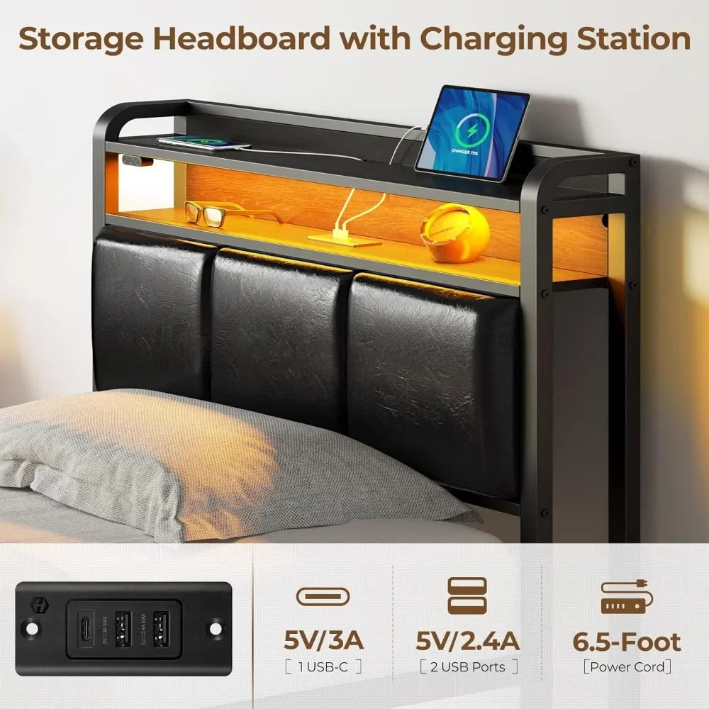 Bed Frame Twin Size with Charging Station and LED Lights, PU Leather Headboard with Storage Shelves, Heavy Duty Metal Slats