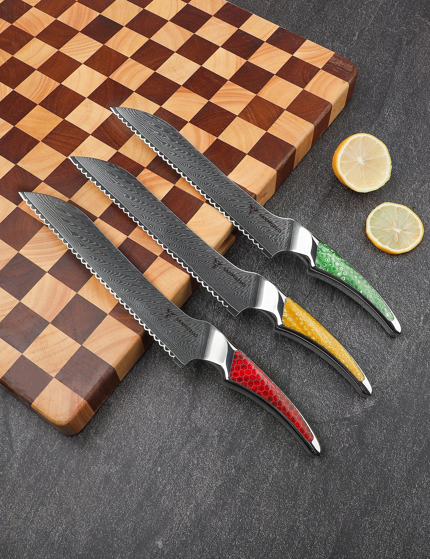 SANMUZUO 8 inch Serrated Bread Knife, Japanese VG-10 Damascus Steel Kitchen Knife, Resin Handle, LA-S9 Series