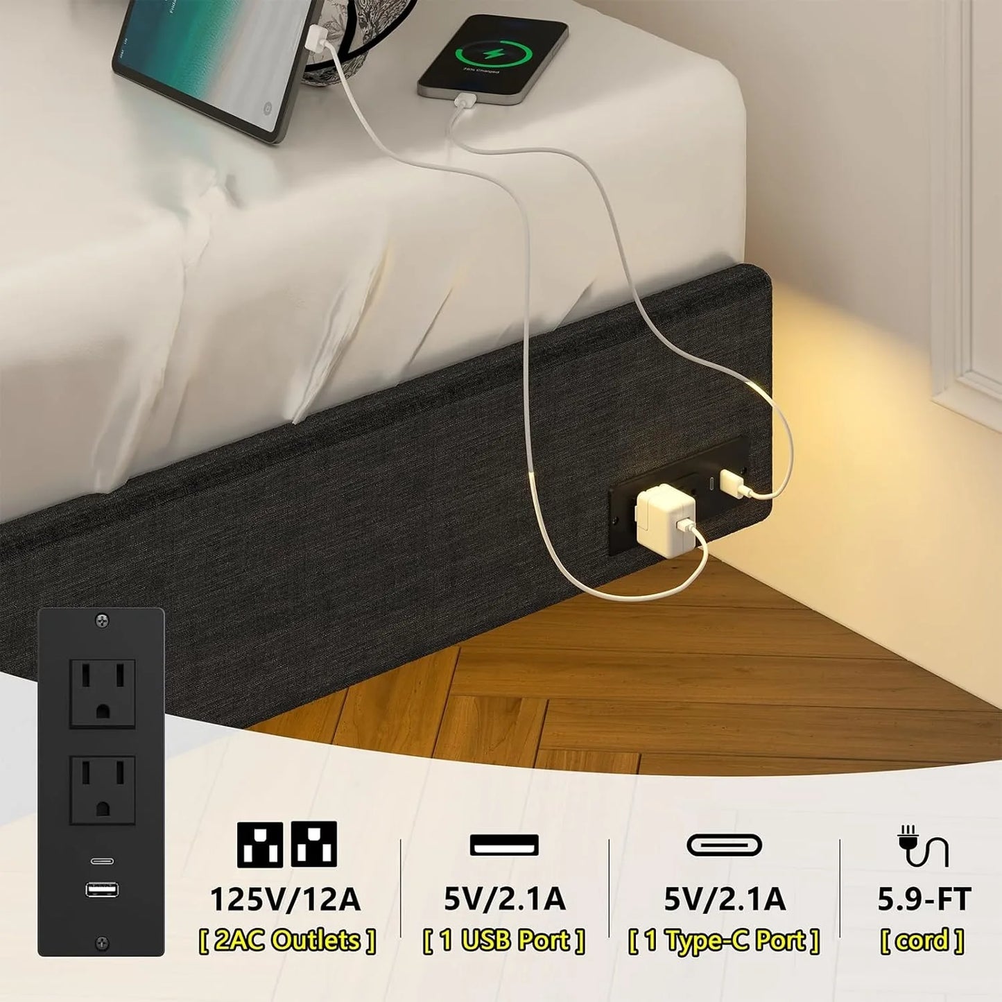 Floating Bed Frame with Storage Drawers & LED Lights, Upholstered Platform Metal Bed Frame with Charging Station, Easy Assembly