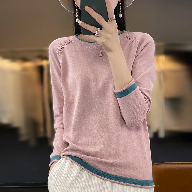 100% Cotton Knitwear Women's Round Neck Sweater Spring And Summer New Loose Color Matching Cotton And Linen Bottoming Shirt