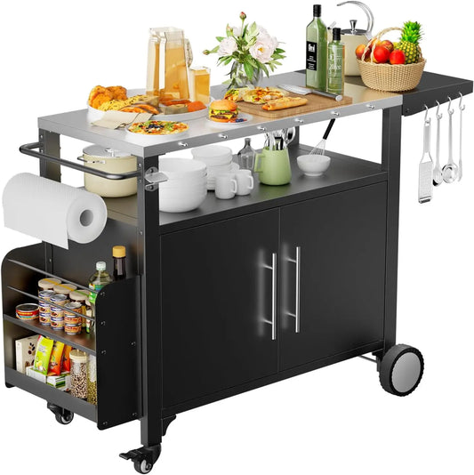 Grill Cart with Storage,Patio Kitchen Island with WheelsHooks and Spice Rack,Waterproof Outdoor Grill Table,Movable BBQ Serving