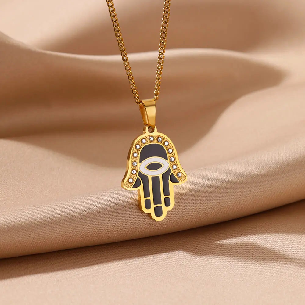 Gold Color Palm Fatima Pendant Necklace For Women Stainless Steel Lucky Turkish Evil Eye Choker Necklaces Aesthetics Jewelry