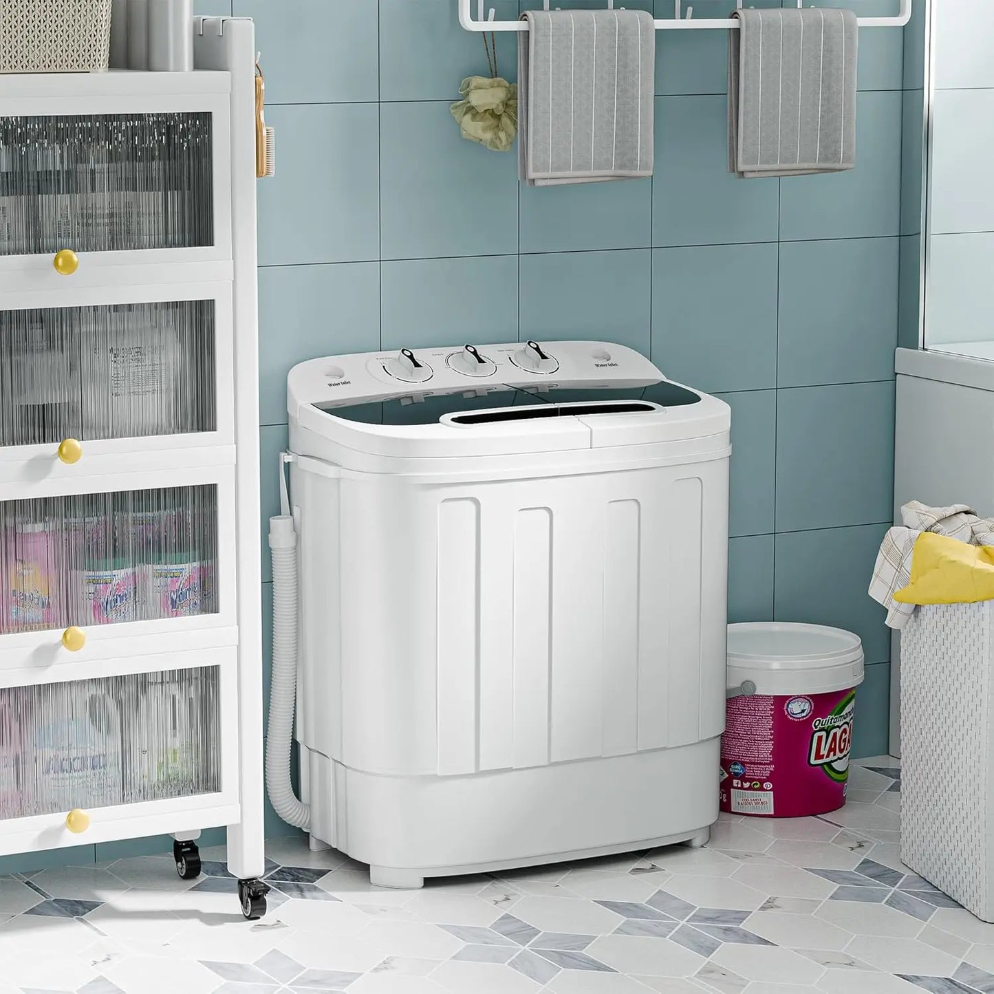 Compact Mini Twin Tub Washing Machine 13lbs Capacity Portable Washer Wash and Spin Cycle Combo,Built-in Gravity Drain