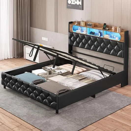 Lift Up Storage Bed Frame, Queen Platform Bed with Storage,LED Lights,Charging Station, Upholstered Storage Headboard,Bed Bases