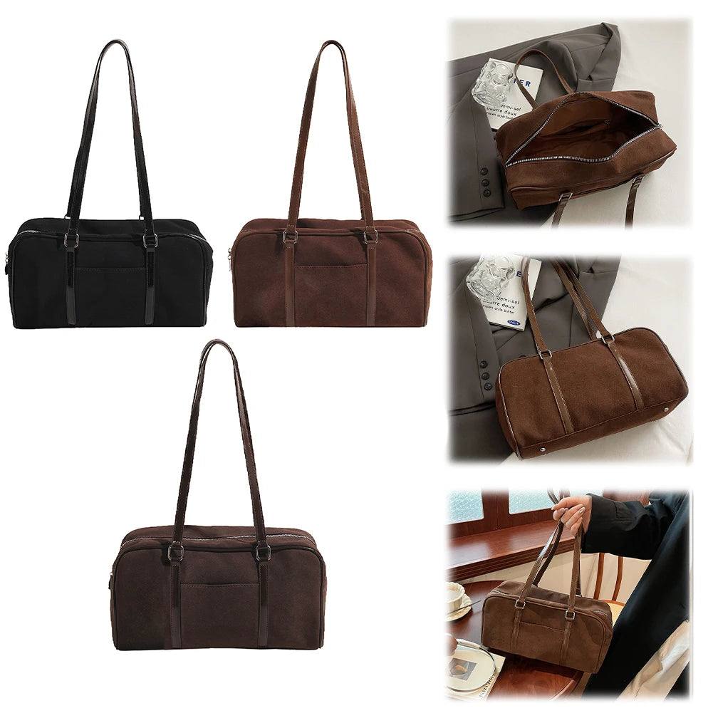 Women Faux Suede Shoulder Bag Trendy Handbag Large Capacity Small Tote Bag Zip Closure Elegant Shoulder Purse Outdoor Travel Bag