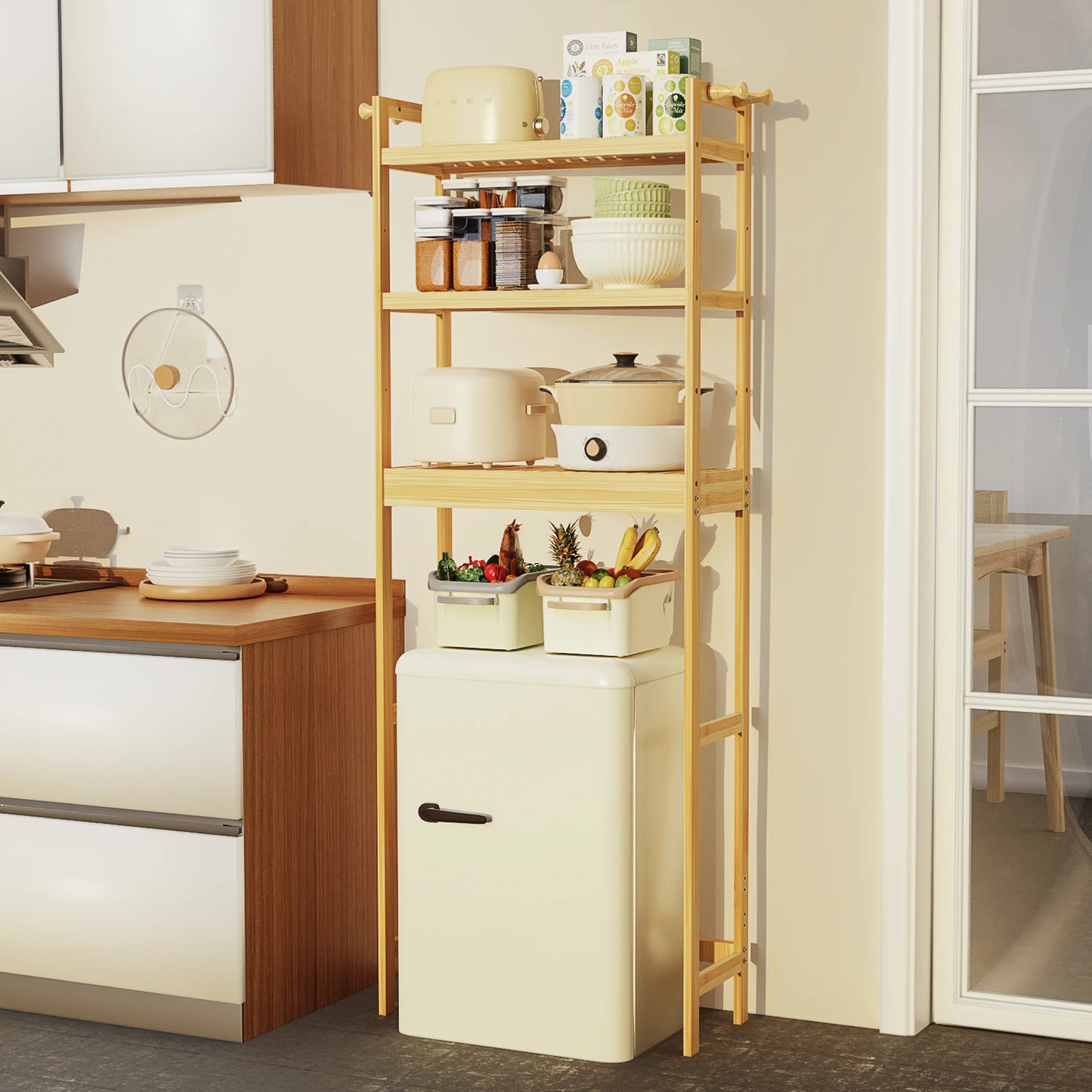 Bamboo Bathroom Finishing Rack With Hook and 3-Layer Height Adjustable Shelf Stable Durable Saving Space Laundry Room Bathroom