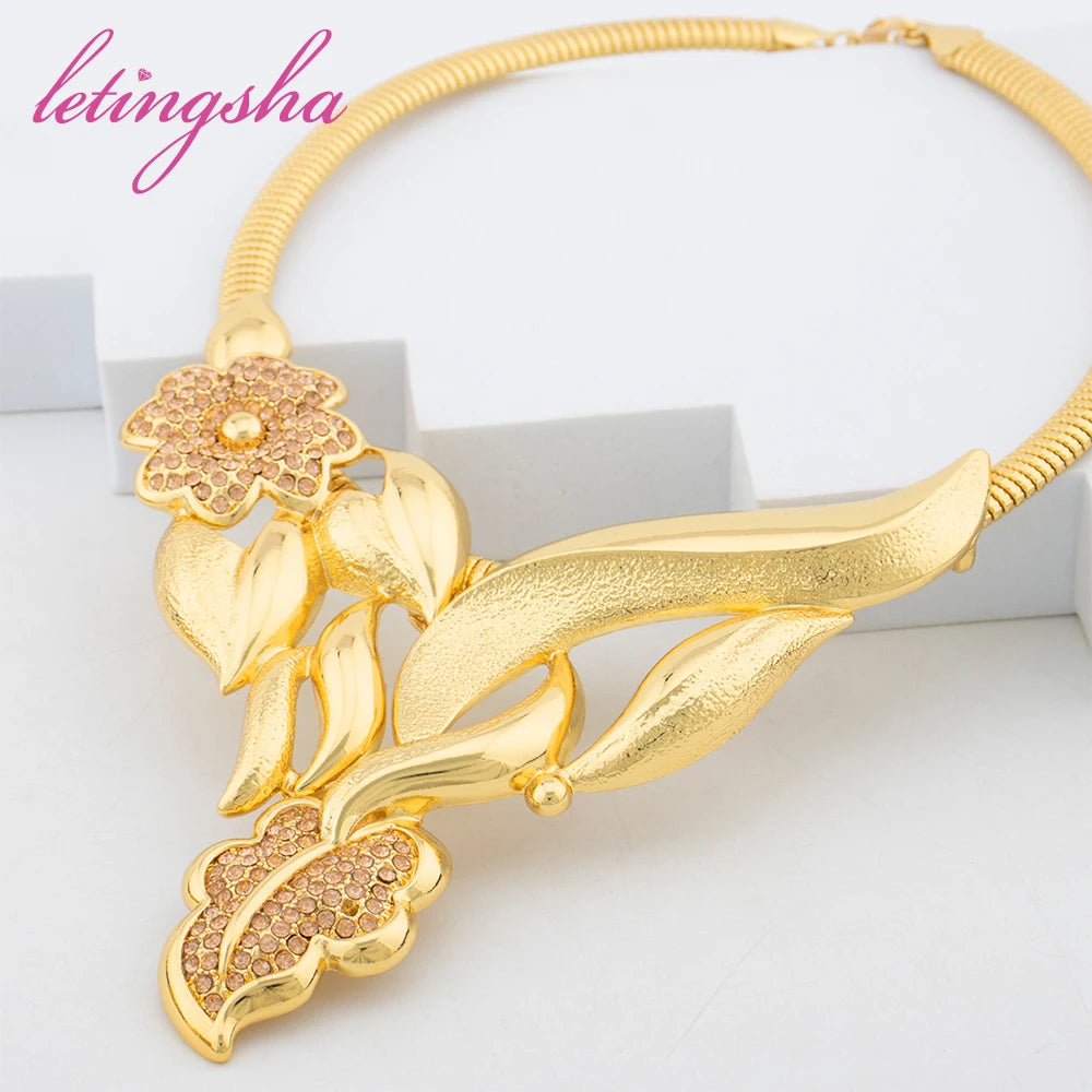 Jewelry Set for Women Dubai Zircon Pendant Clip Earrings Bangle Ring Set Italy Gold Color Bride Jewellery Wedding Party Gift