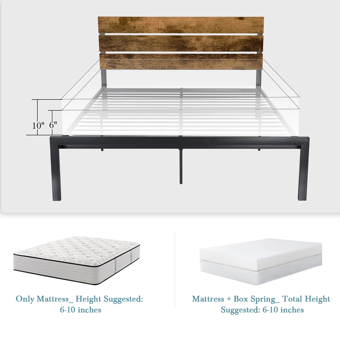HOOMIC Bed Frame with Rustic Wooden Headboard/Heavy Duty Platform Bed Frame/Mattress Foundation/Strong Metal Slats Support