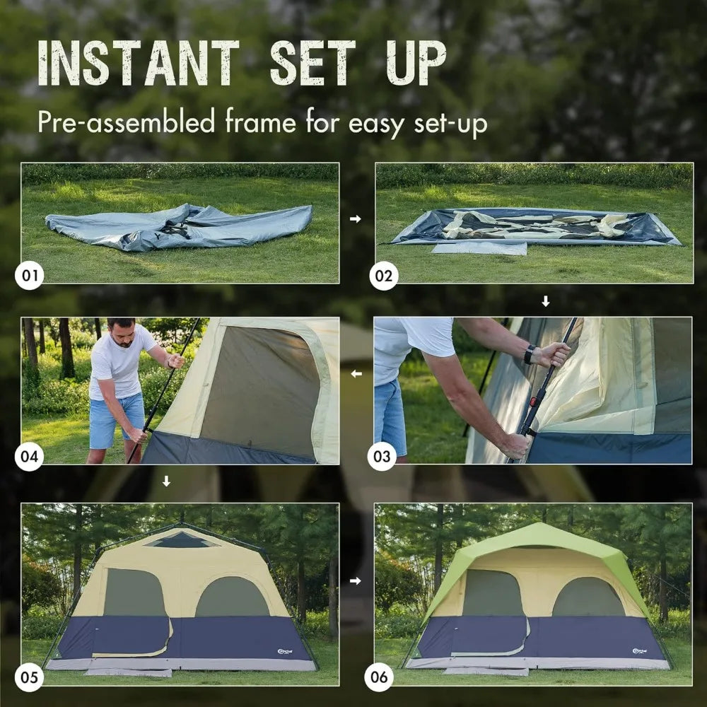 8 Person Instant Tent for Camping, Large Water Resistant Cabin Family Tent Easy Setup with 5 Large Mesh Windows