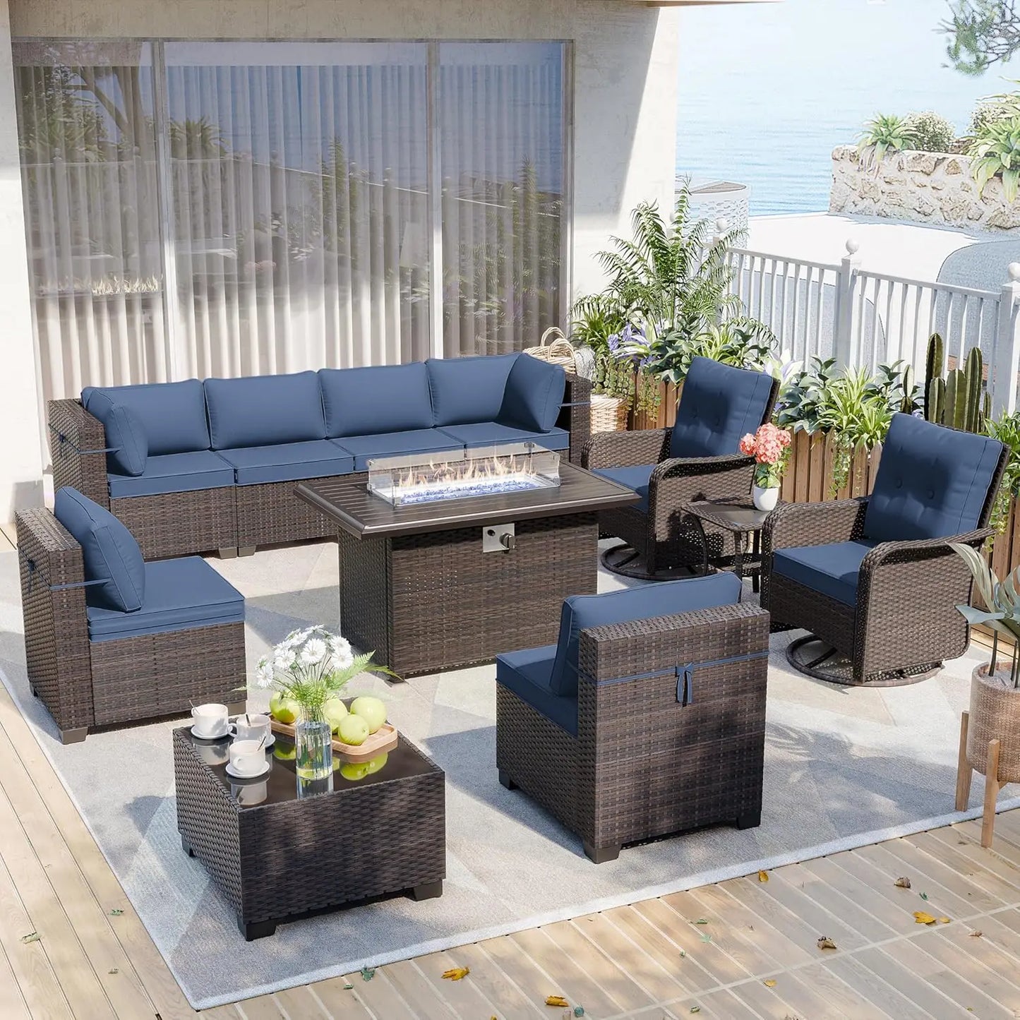 Patio Furniture Modularwith Swivel Chairs Outdoor Sectional Wicker Rattan w/Fire Pit Conversation Sofa Set for Backyard
