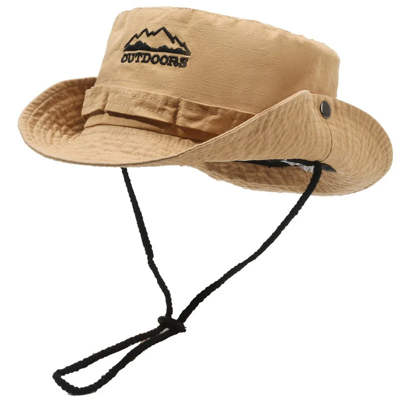 Outdoor Men Bucket Hats Summer Anti-UV Wide Brim Panama Hunting Hiking Hat Letter Embroidery Fisherman Hat Beach Sunscreen Cap