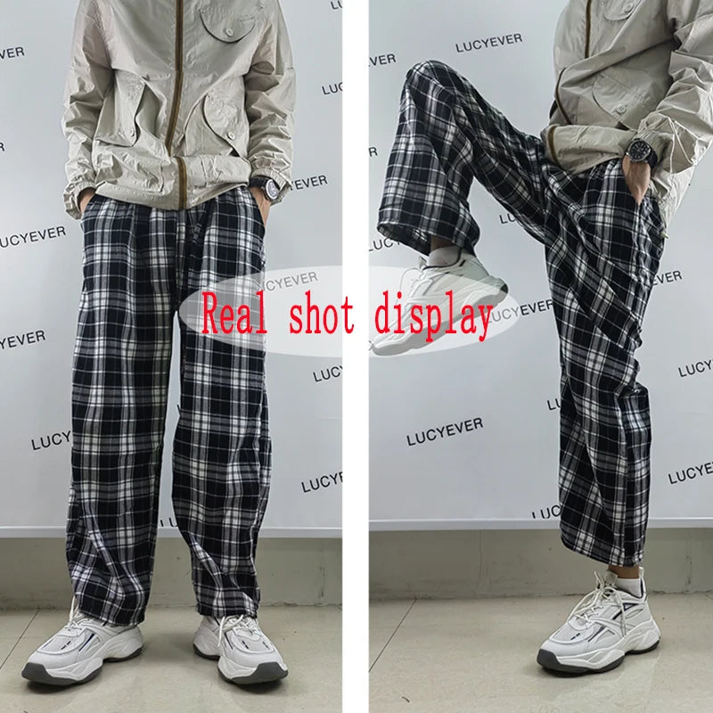 Lucyever Harajuku Black and White Plaid Pants Women Summer Casual Wide Leg Trousers Teens Hip Hop Unisex Loose Straight Pants