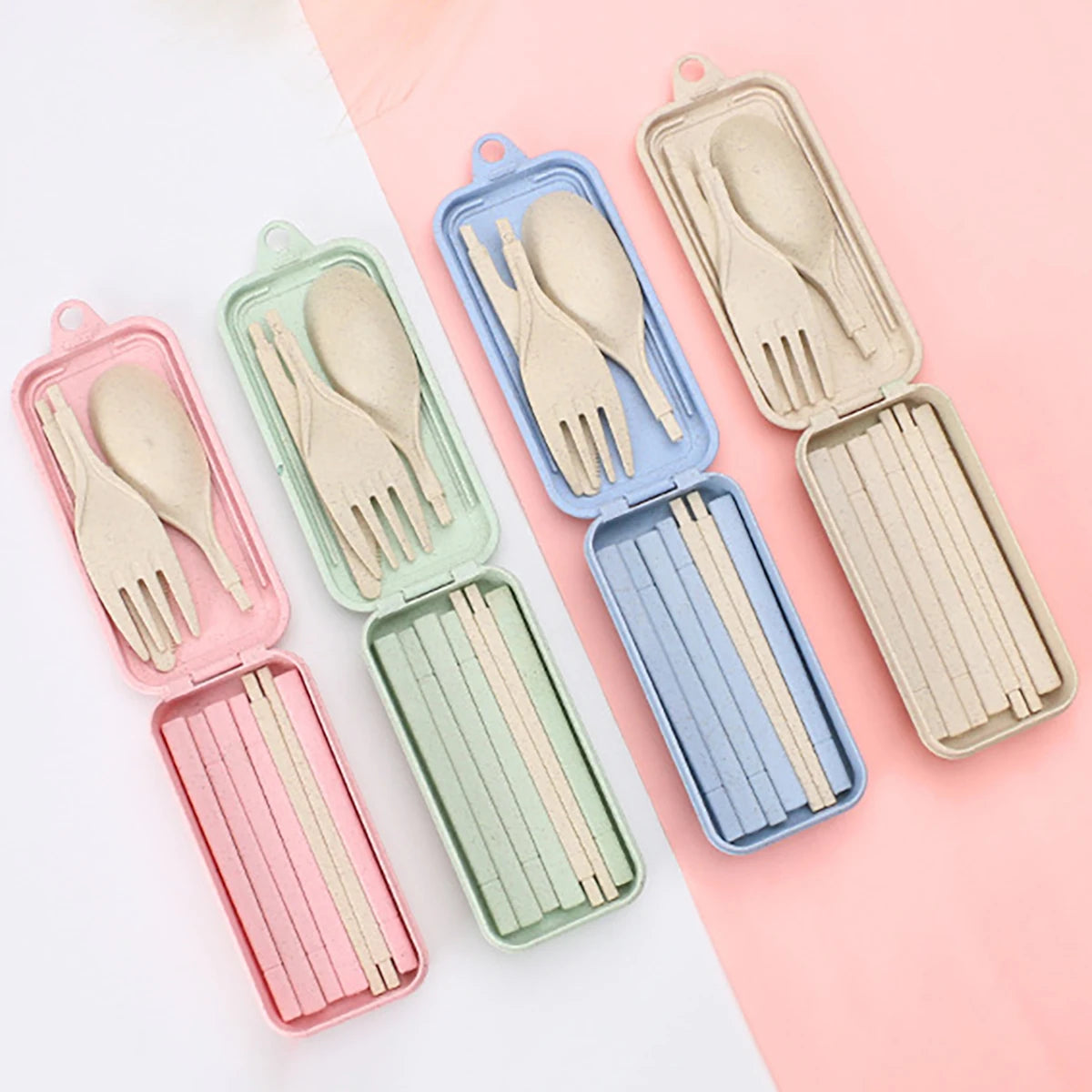 Wheat Straw Portable Tableware Knfe Fork Spoon Chopsticks Dinnerware Set with Storage Box Detachable Travel Cutlery for Student