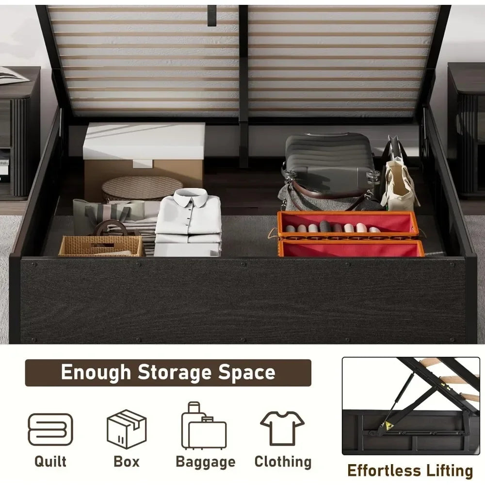 Bed Frame Queen Size Lift Up Storage Platform , Metal Bed Frame Wooden Slats Support, No Box Spring Needed, Large Storage Space