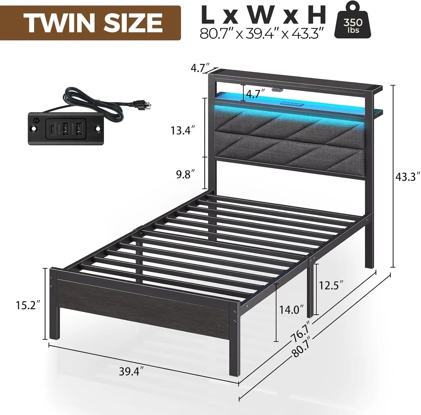 Bed Frame Twin Size with Charging Station, LED Bed with Upholstered Storage Headboard, Metal Platform Bed with Under