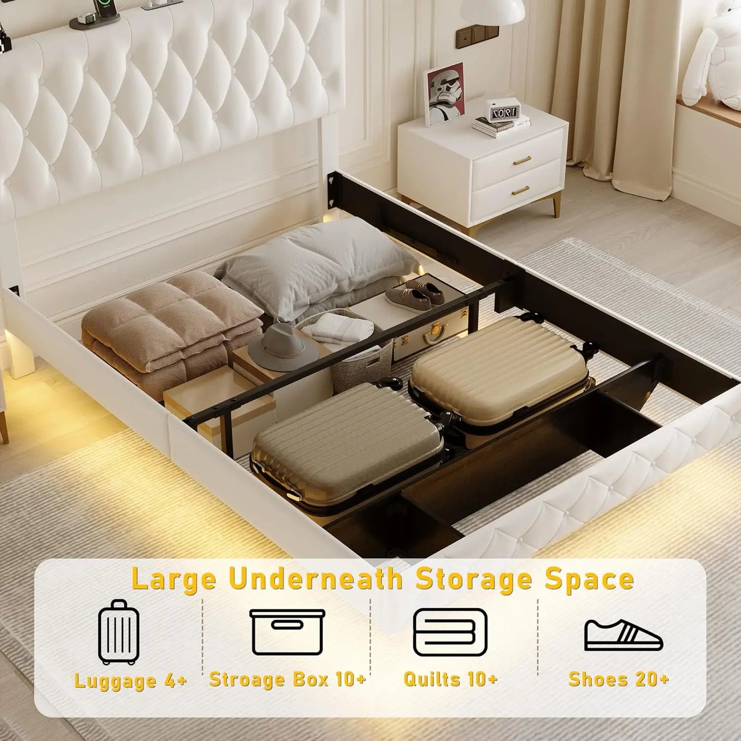 Lift Up Storage Bed Frame Queen Size Floating Bed Frame With Adjustable Headboard/Led Lights/Charging Station/Outlet,Velvet