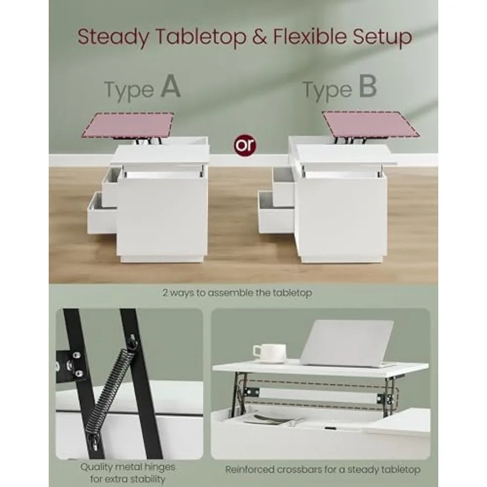 Coffee Table, Lift Top Coffee Table with 2 Drawers and Hidden Compartments, Center Table with Lift Tabletop, Open Compar