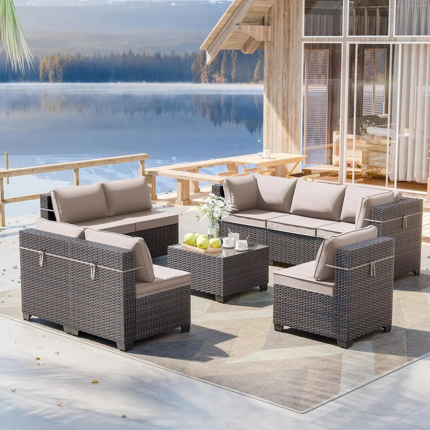 Patio Furniture Modularwith Swivel Chairs Outdoor Sectional Wicker Rattan w/Fire Pit Conversation Sofa Set for Backyard