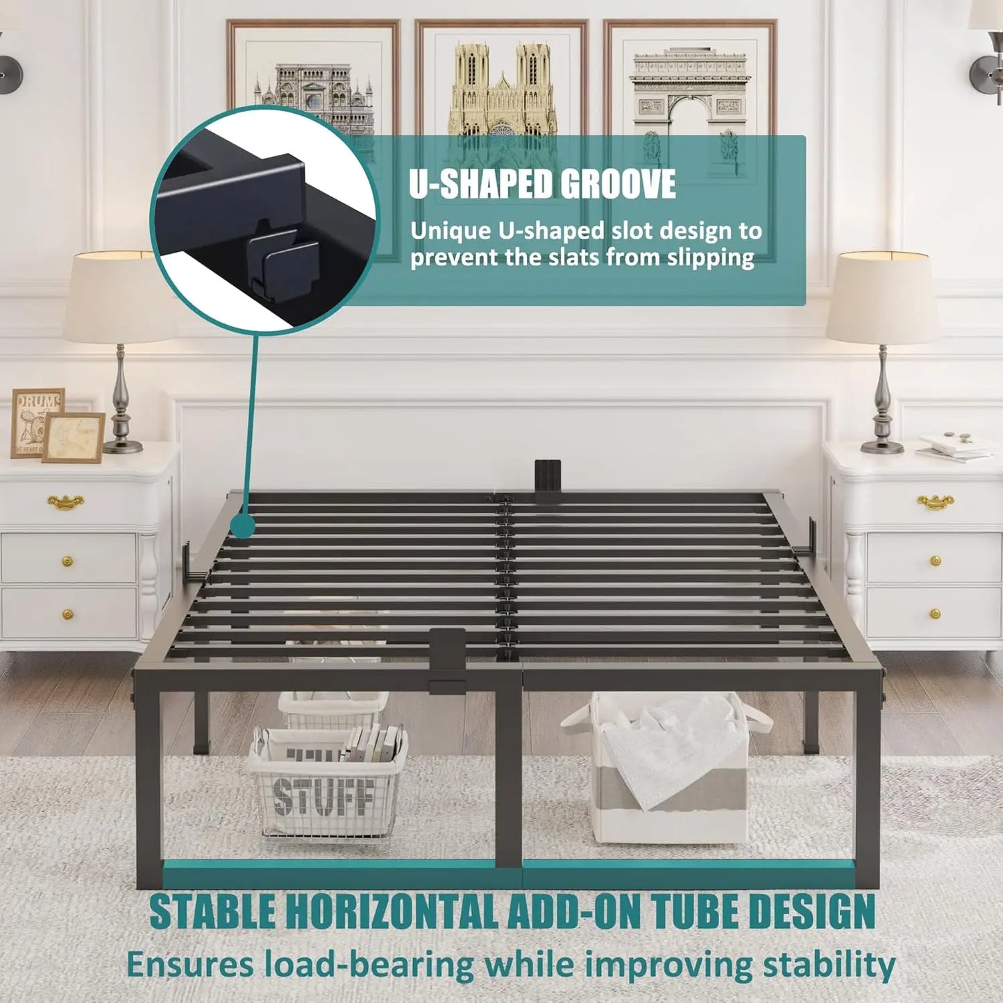 18 Inch Queen Bed Frame,3500 lbs Heavy Duty Metal Platform, Steel Slats Support/No Box Spring Needed/Noise Free/Non-Slip/Easy