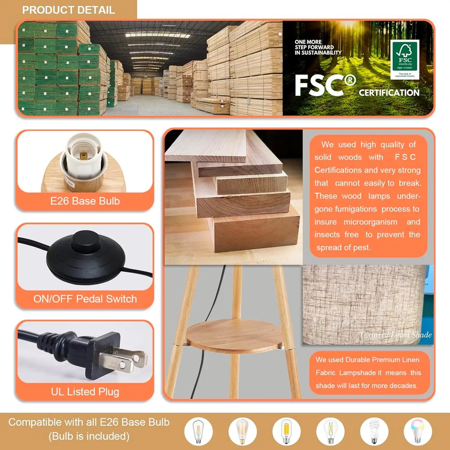 Wooden tripod floor lamp with shelf, wooden living room floor lamp, including trichromatic light bulb, natural wood color.