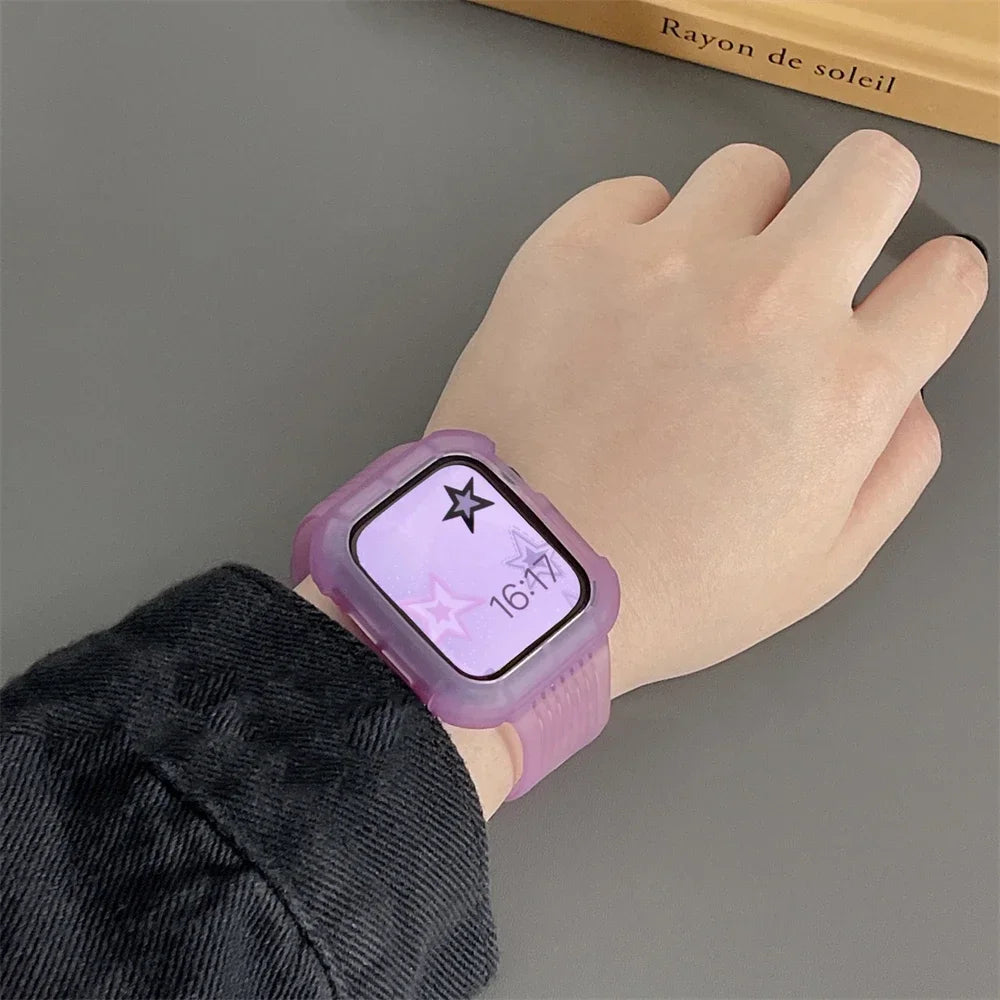Stripe Sport Matte Band + Case For  Watch 44 45 49 42mm 40/38 For iWatch 7 8 6 5 SE 41 Silicone Women Clear Bracelet Strap