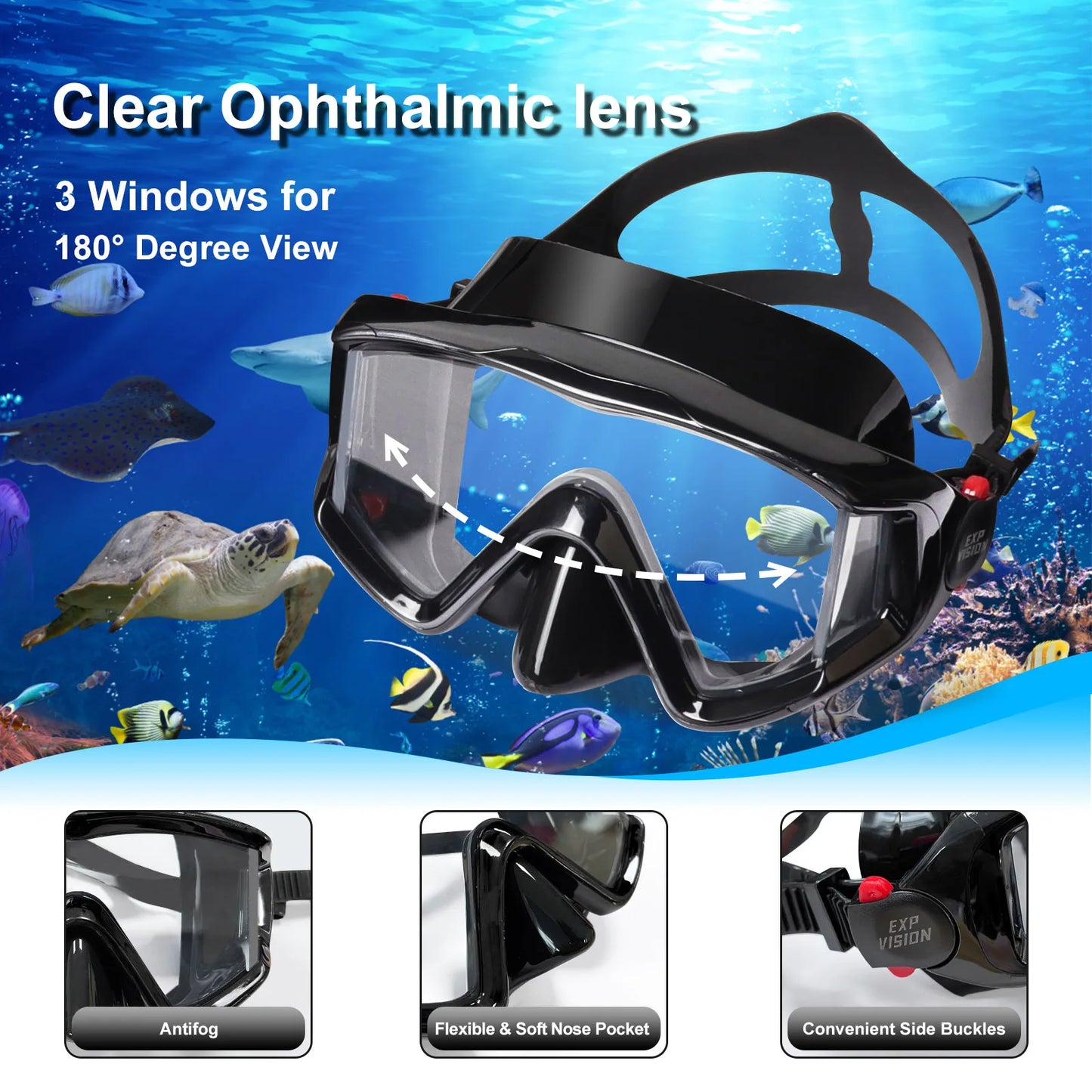 Diving Mask Fin Snorkel Set for Adults, Panoramic Diving Mask, Dry Top Snorkel and Dive Flippers Kit with Travel Bag