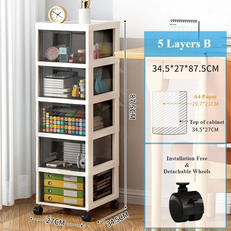 Plastic Storage Cabinet with Wheels Movable Big Capacity A Living Room Convenient Lockers Vertical Multilayer Transparent Shelf