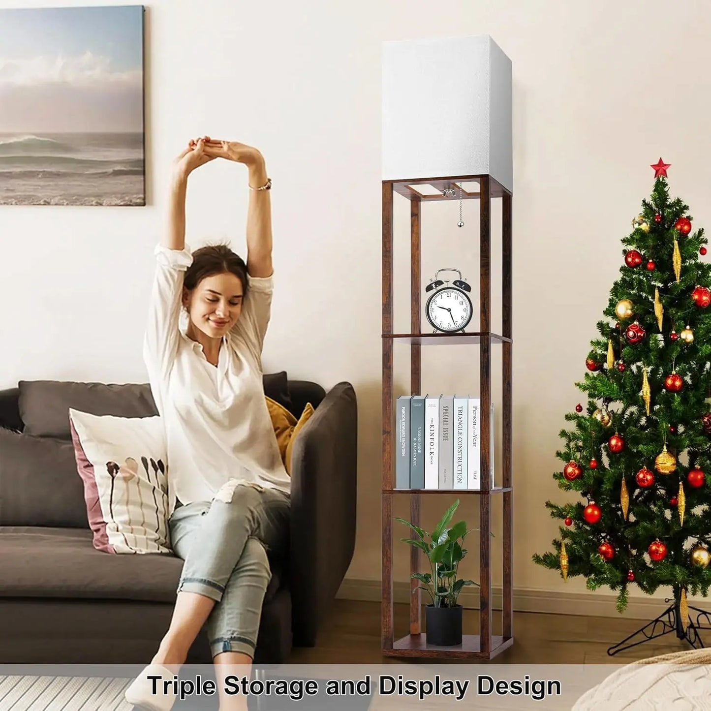 Floor Lamp with Shelves for Living Room Brown, Shelf Floor Lamp with 3 CCT LED Bulb