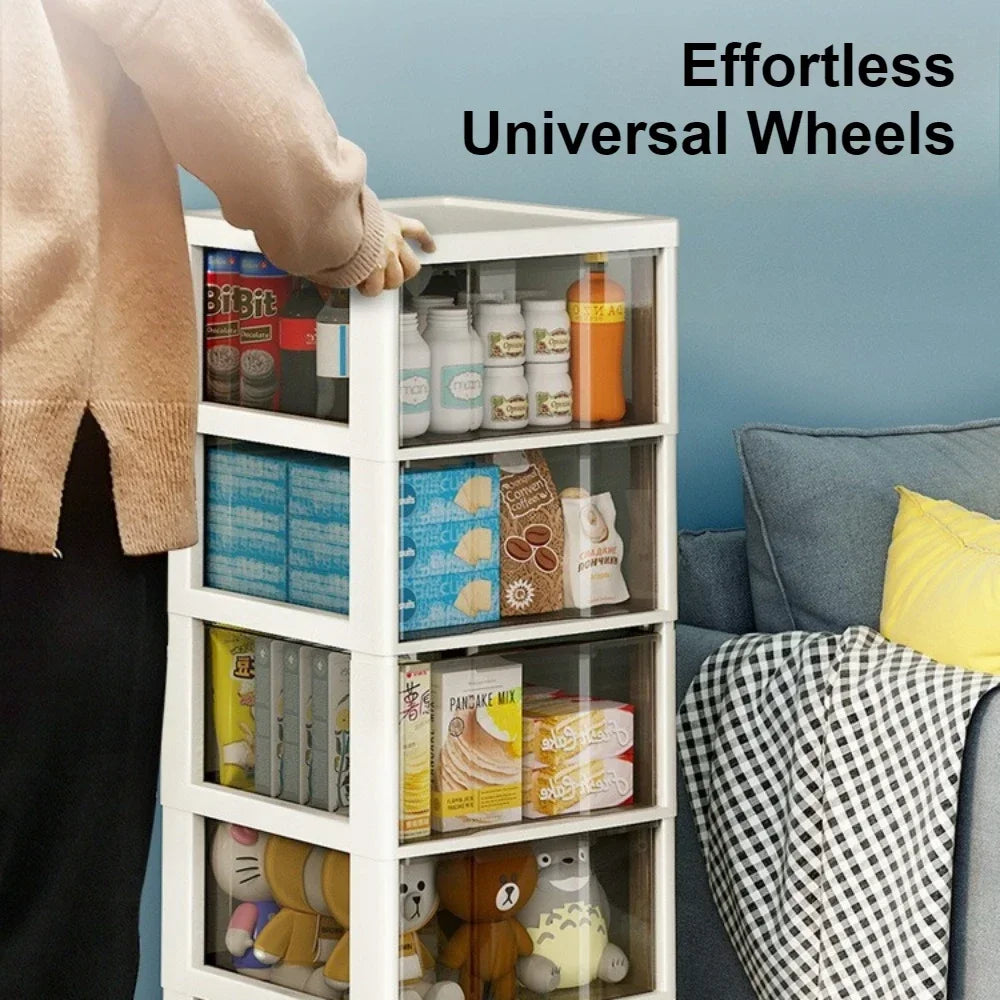 Plastic Storage Cabinet with Wheels Movable Big Capacity A Living Room Convenient Lockers Vertical Multilayer Transparent Shelf