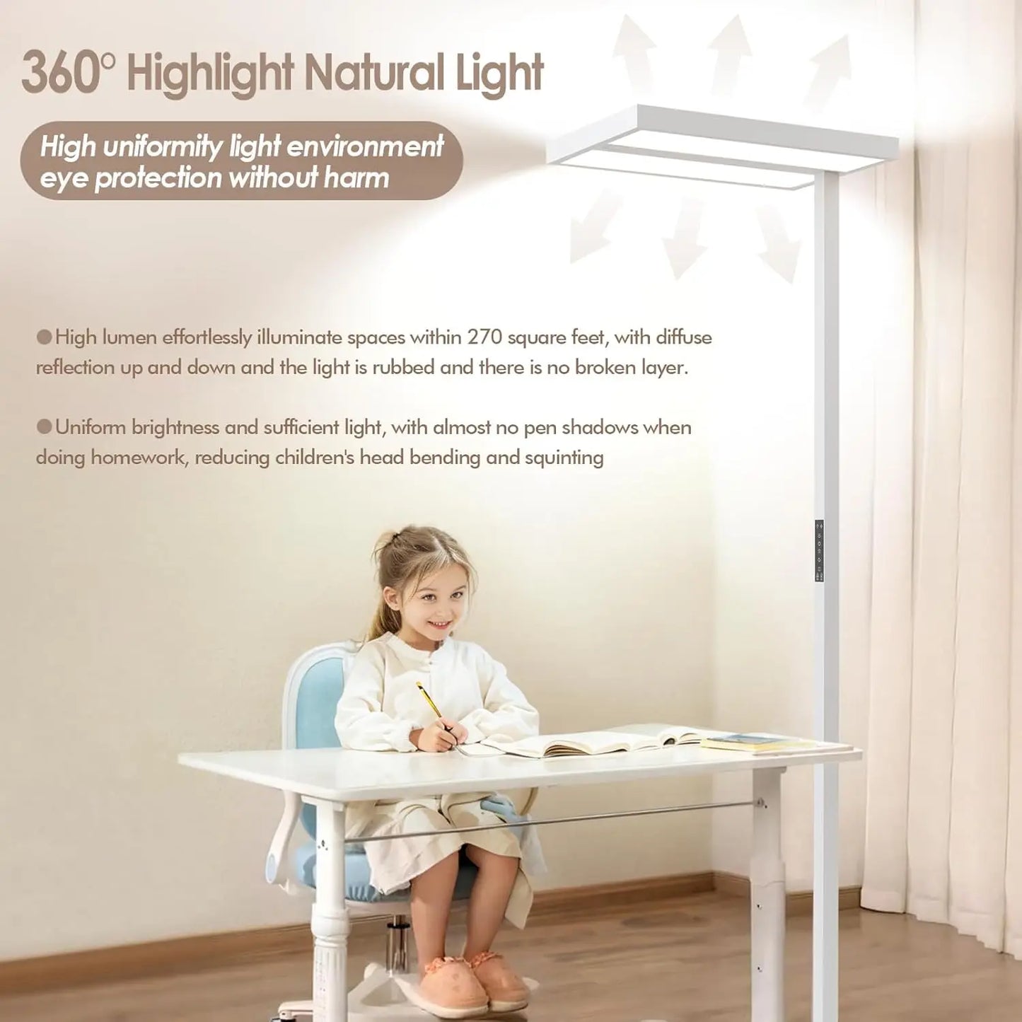 120W Led Floor Lamp 4000K For Office, 76.6'' 12600Lm Dimmable Natural Daylight Eye-Caring Free Standing Lamp With Daylight