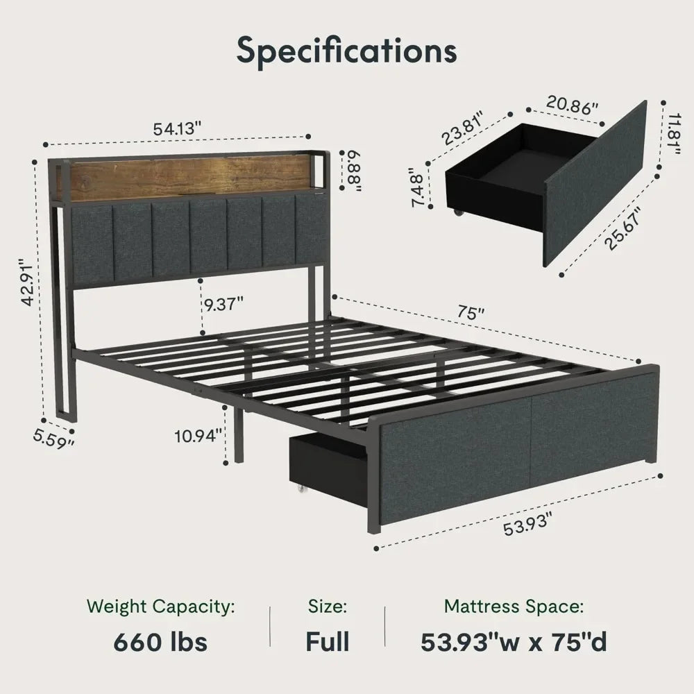Bed Frame with Storage Headboard, Built-in Charging Station & LED Lights – Sturdy Platform Bed with Drawers