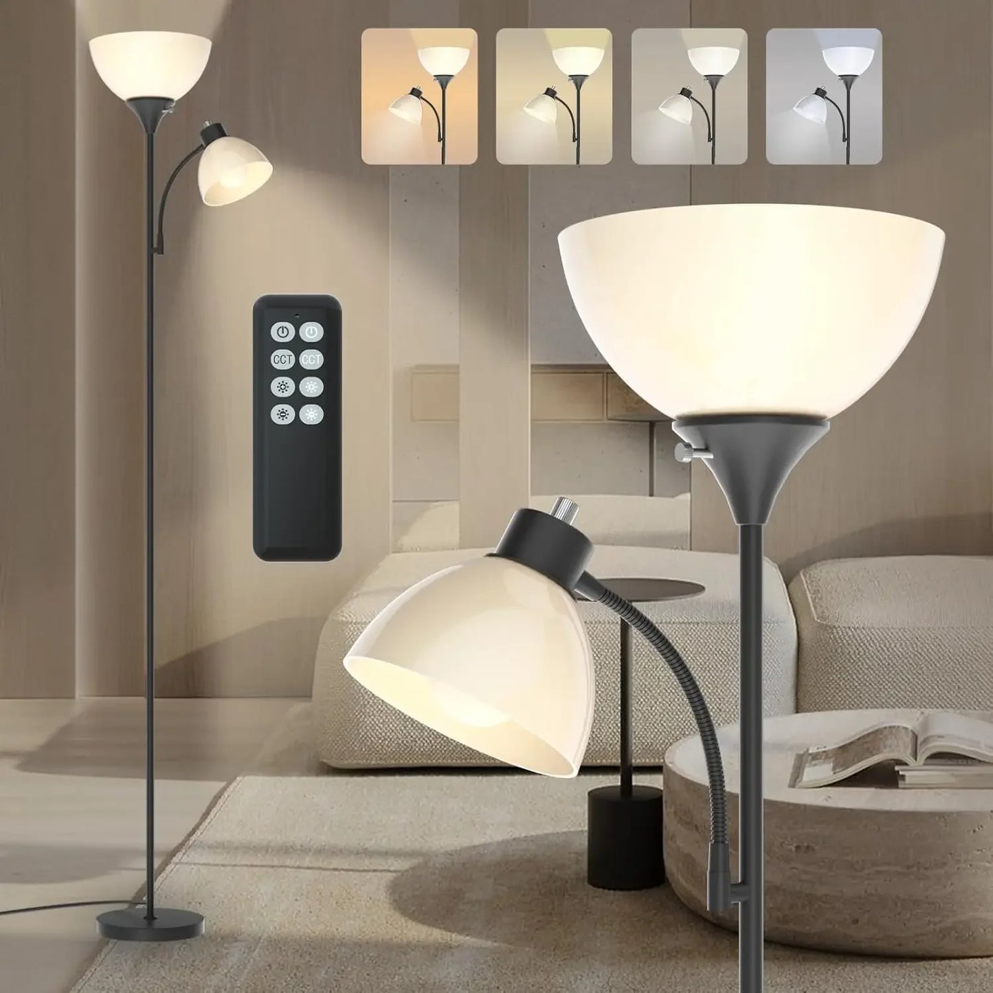Led Floor Lamp, Super Bright 11W+7W 2100LM Torchiere Floor Lamps for Living Room, Stepless Adjustable 3000K-6000K Temperatures