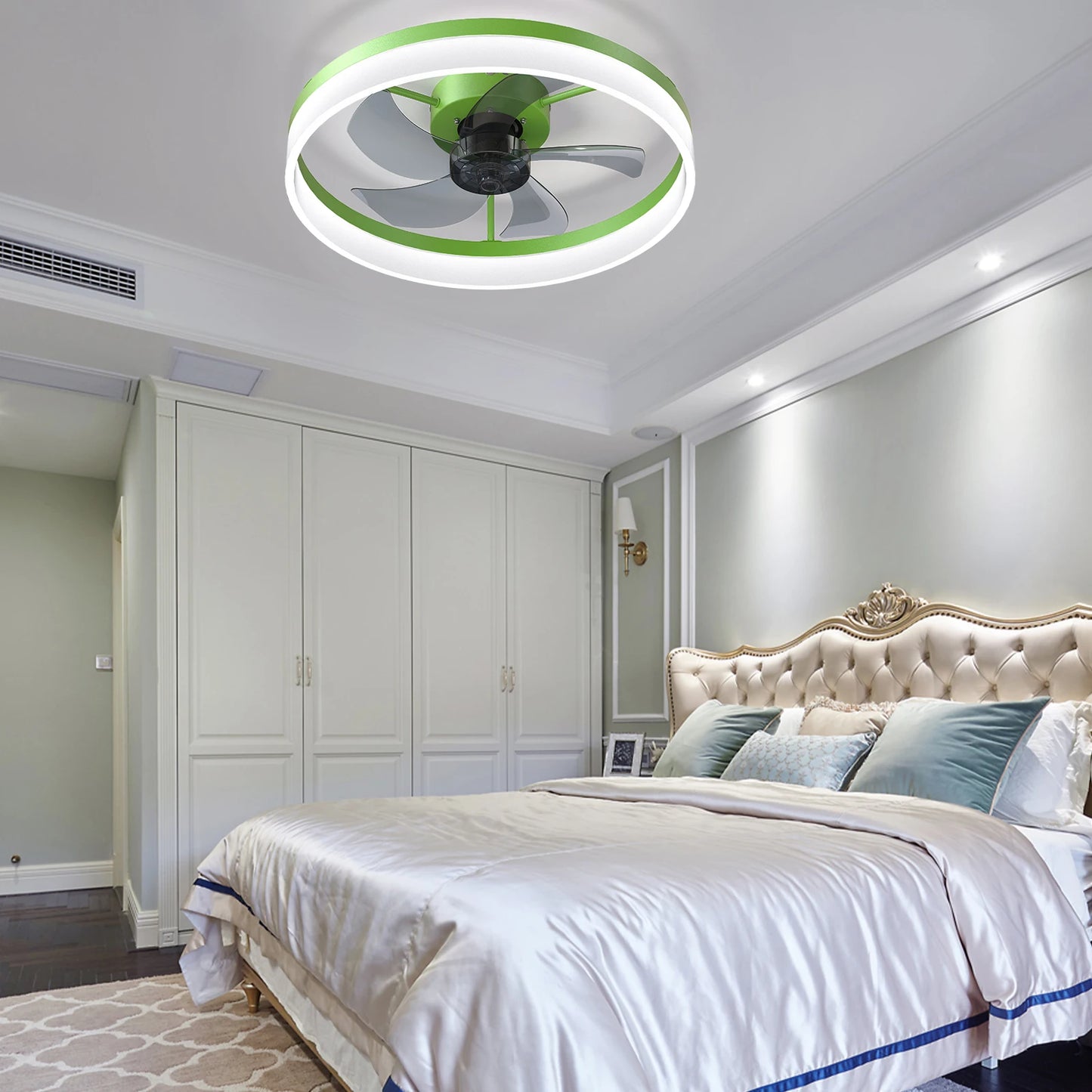 Green Modern Ceiling Fan with LED Light, Low-Profile Flush Mount,6-Speed Adjustable, Ideal for Bedroom and Living Room