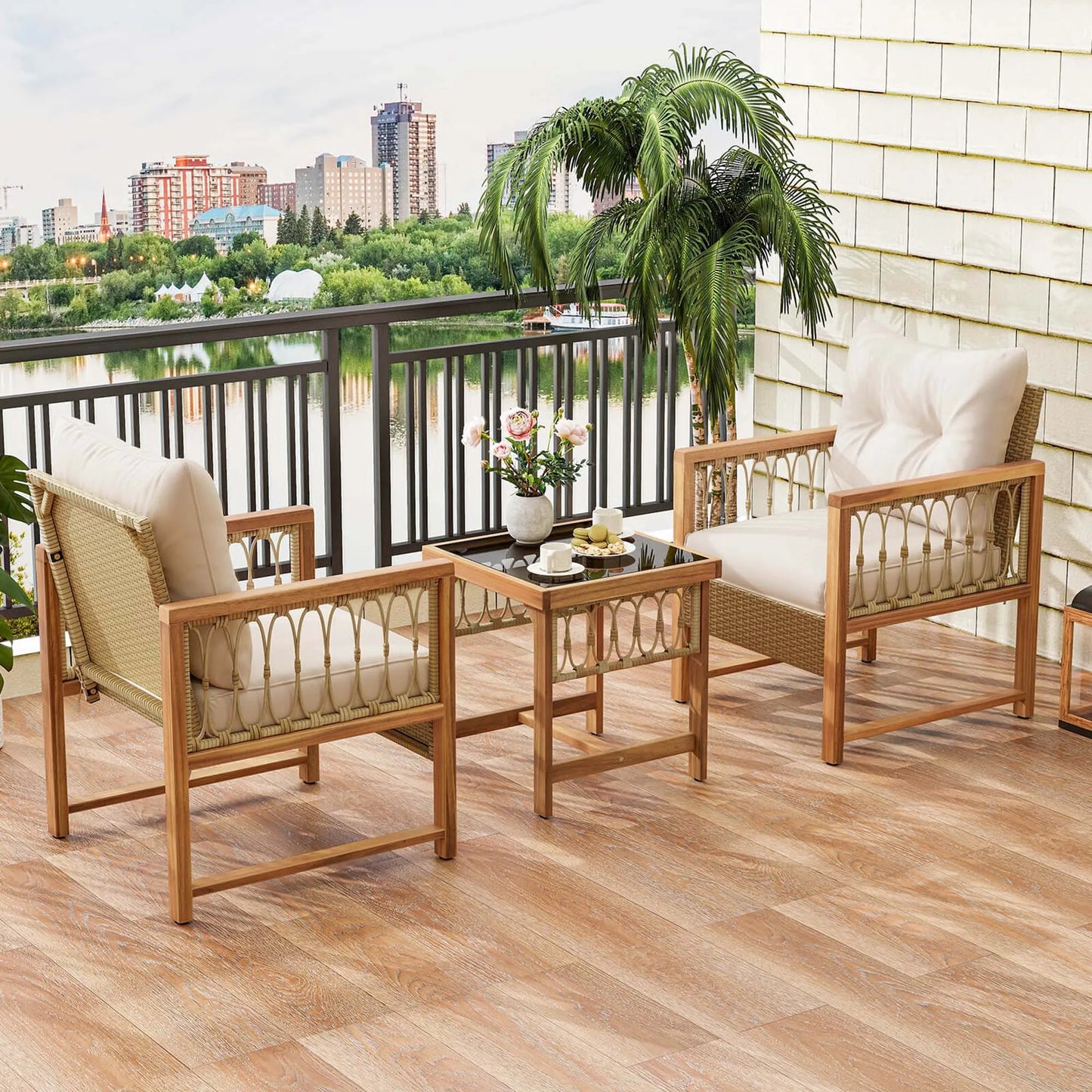 3 PCS Patio Furniture Set Outdoor PE Wicker Conversation Bistro Set