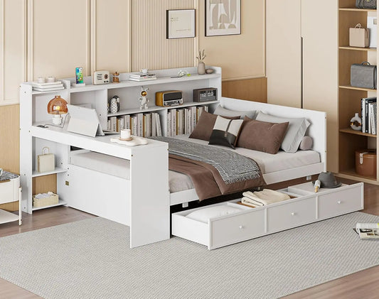 Full Size Corner Bed Frames with Desk and 3 Storage Drawers USB Port Shelves Headboard, Pinewood U-Shaped Captain Daybed