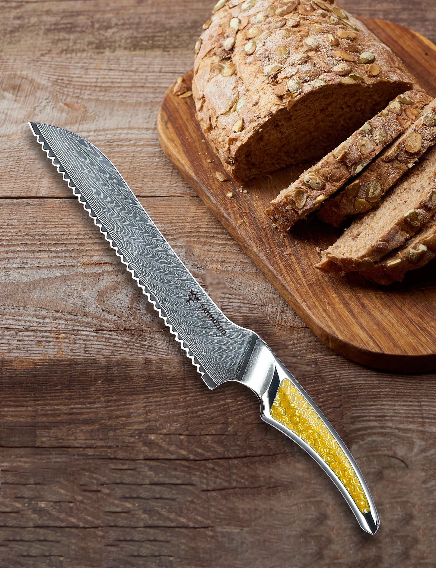 SANMUZUO 8 inch Serrated Bread Knife, Japanese VG-10 Damascus Steel Kitchen Knife, Resin Handle, LA-S9 Series