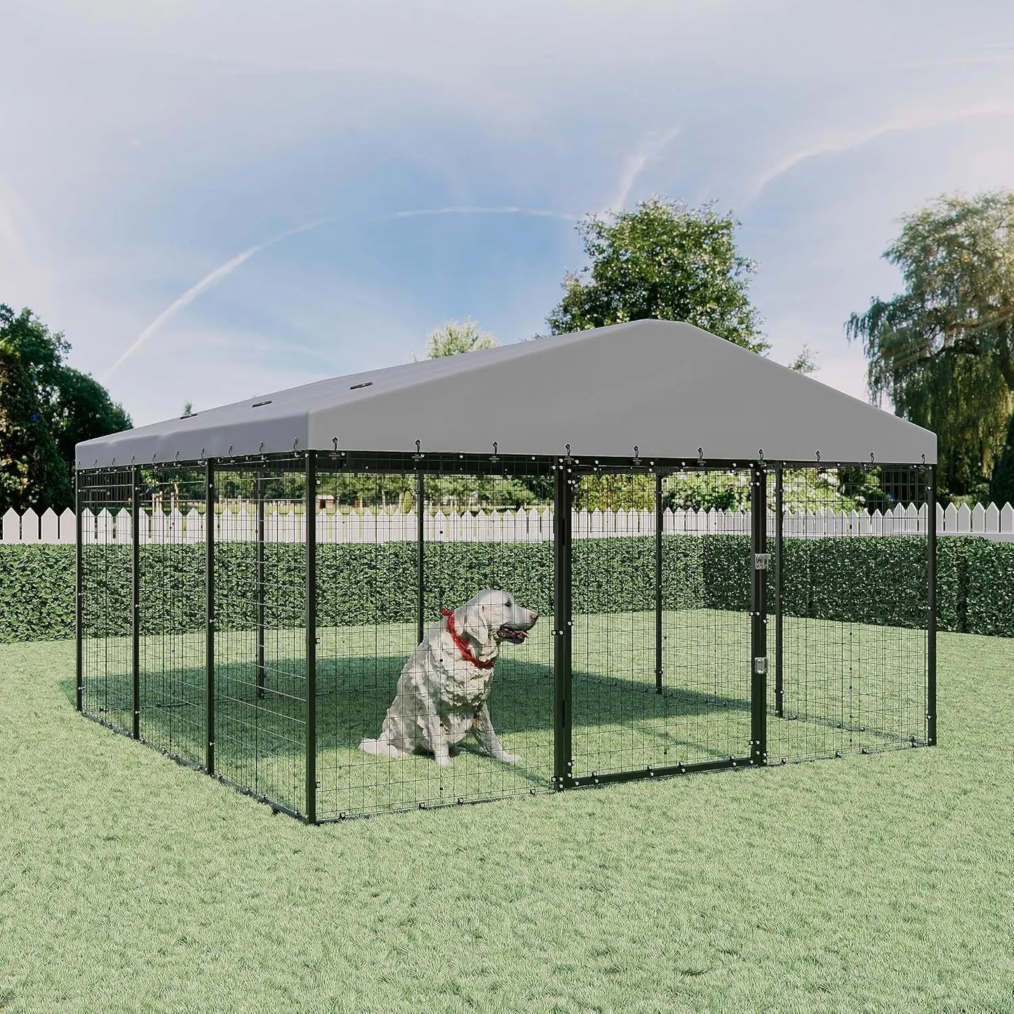 Large Dog Kennel with Roof, for Big Dogs, Galvanized Steel Dog Fence Pen with Ground Nails and Double Safety Rotate Door Lock