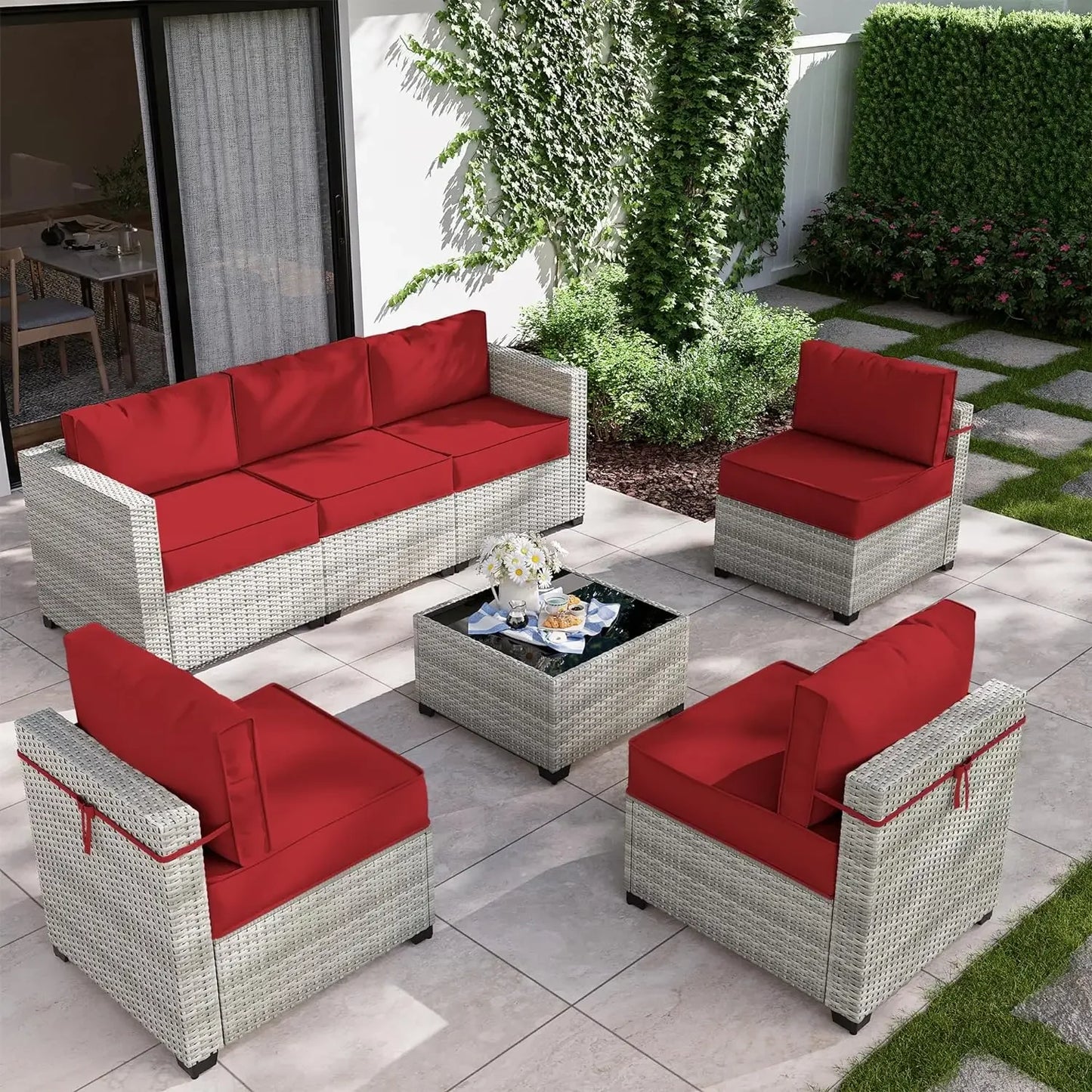 8-Piece Patio Furniture Set With Fire Pit Table, Seat Cushions Light Grey Outdoor Modular Wicker Conversation Set