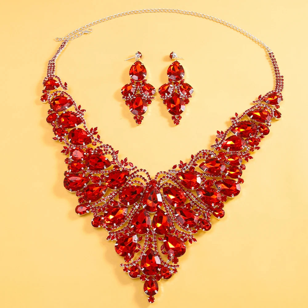 Stonefans Red Crystal Exaggerate Jewelry Set Luxury 2024 for Women Bridal Large Water Drop Necklace Earrings Sets Dubai Wedding