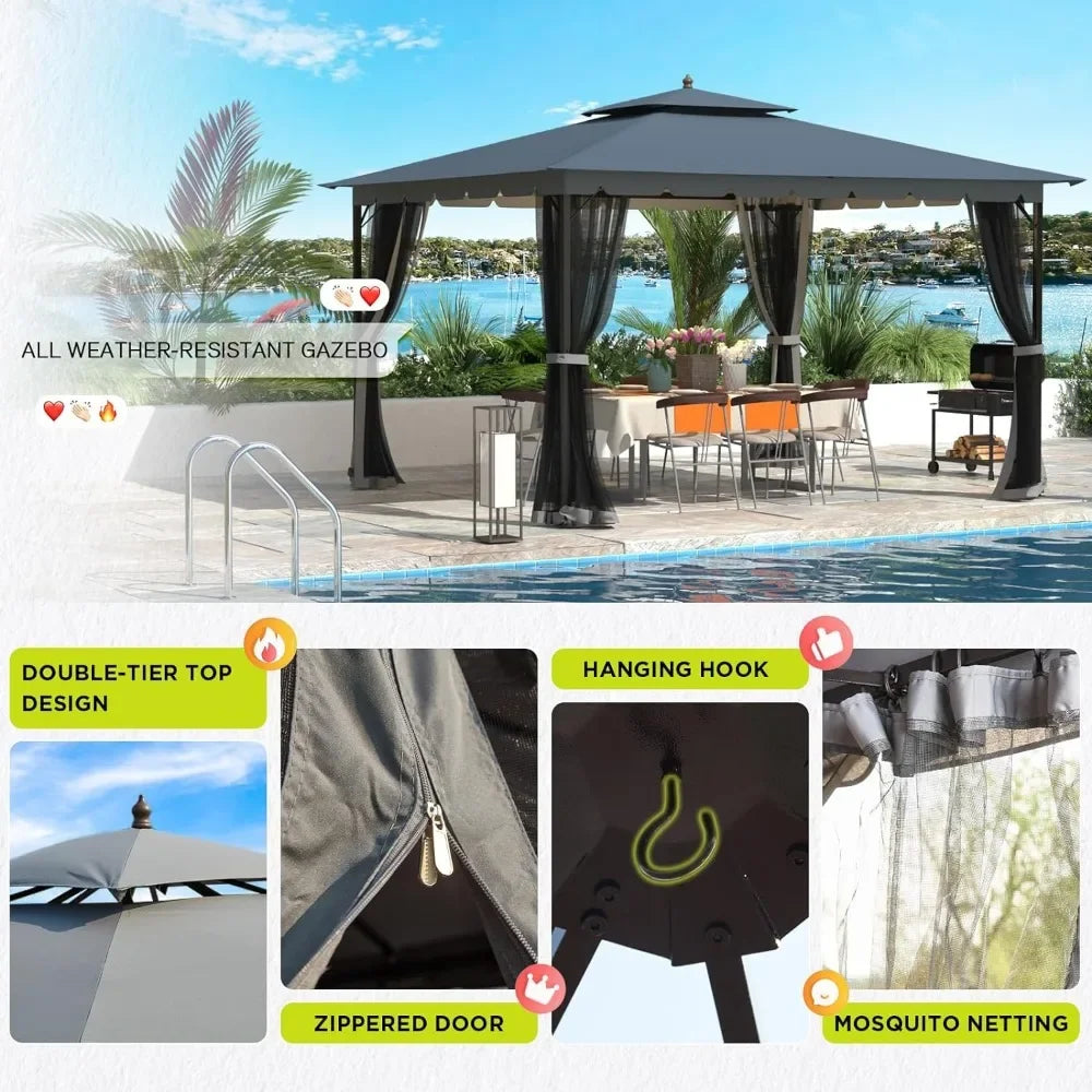 10x12 Gazebo with Mosquito Netting,Gazebo Canopy Tent with Dual Air Roof, Sturdy Metal Outdoor Patio GazeboPatio Canopy Gazebo