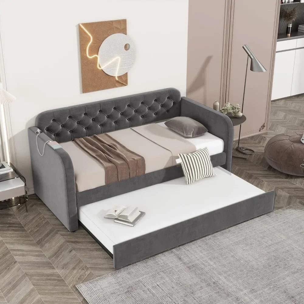 Upholstered Velvet Daybed with Trundle and USB Charging Port - Button Tufted Sofa Frame, No Box Spring Needed, for Bedroom