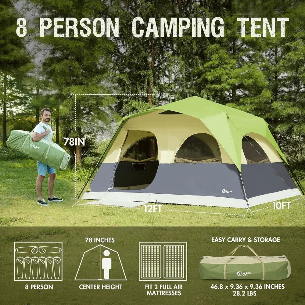 8 Person Instant Tent for Camping, Large Water Resistant Cabin Family Tent Easy Setup with 5 Large Mesh Windows