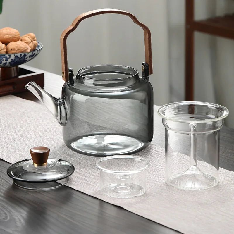 1.2L Gray Glass Teapot with Infuser Heat Resistant Flower Tea Kettle Transparent Tea Pot Portable Handle Pot Office Home Tea Set