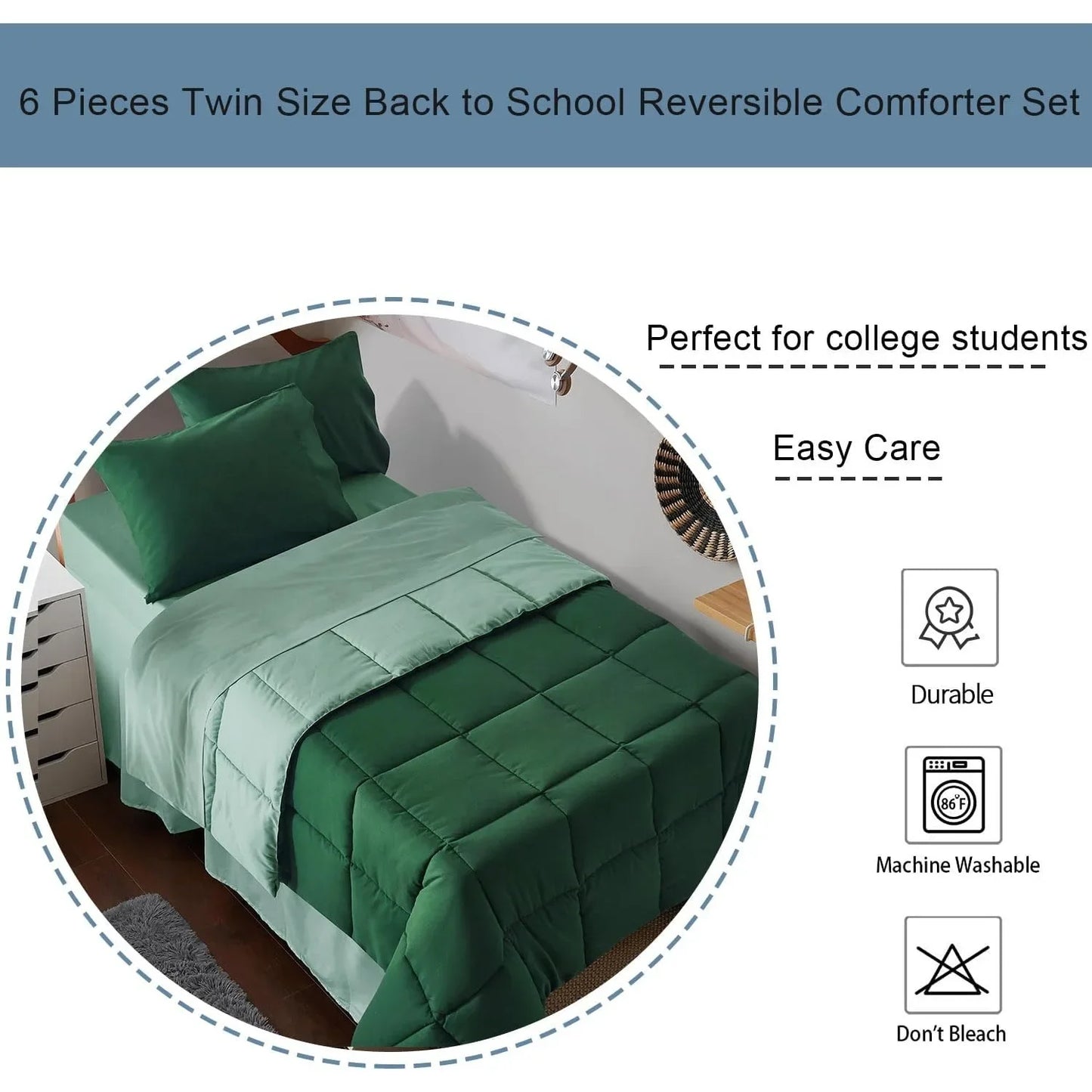 6 Piece Twin/Twin XL Size Back to School Comforter Set - Box-Stitched College Dorm Quilting Bedding Set