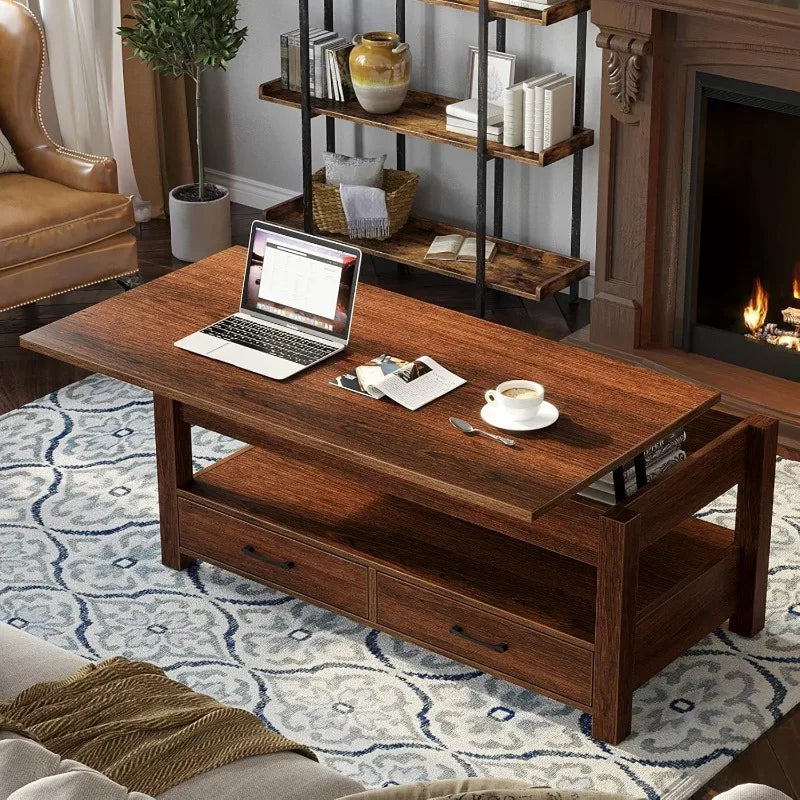 Coffee Table, Lift Top Coffee Table with Drawers and Hidden Compartment, Retro Central Table with Wooden Lift Tabletop