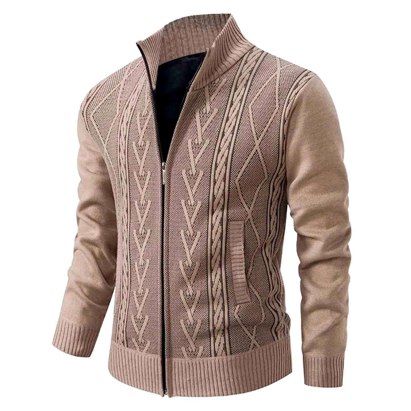 Printing Mens' Sweater Stand Collar Long-Sleeve Sweater Fall Winter Slim Fit Cardigan For Man Pocket Zipper Casual Coats